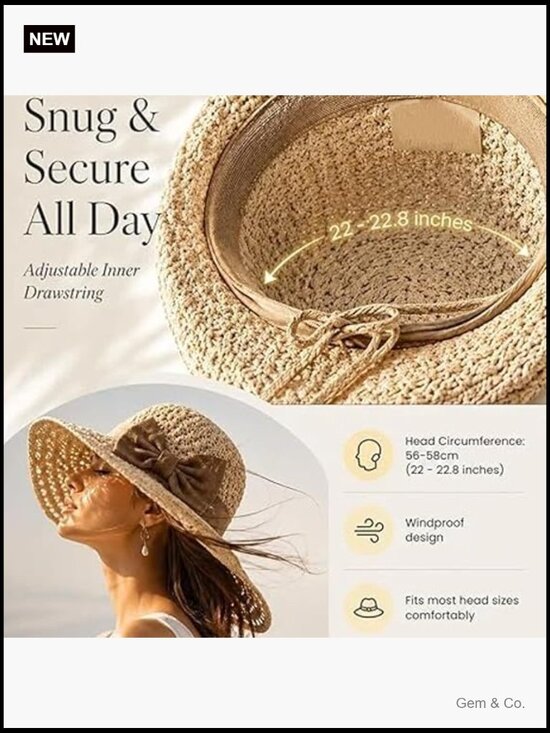 Elegant Woven Straw Sun Hat, Packable Wide Brim with Bow, Summer Beach Bucket